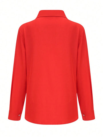 Ladies Solid Color Long Sleeve Single-Breasted Casual Elegant Shirt Dress