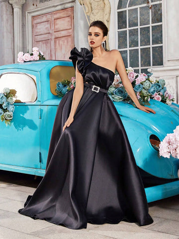 Ladies" Solid Color One-Shoulder Dress With Diamond Buckle For Evening Party