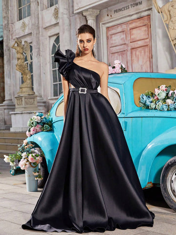 Ladies" Solid Color One-Shoulder Dress With Diamond Buckle For Evening Party