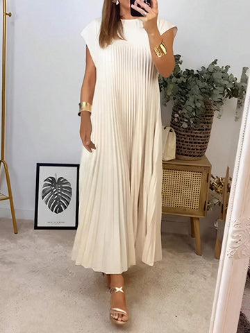 Ladies" Solid Color Pleated Loose Casual Spring/Summer Dress