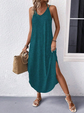 Ladies' Solid Color Round Arc Hem Spaghetti Strap Dress