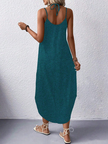 Ladies' Solid Color Round Arc Hem Spaghetti Strap Dress
