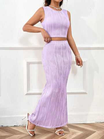Ladies' Solid Color Round Neck Vest And Mermaid Hem Skirt 2pcs Set