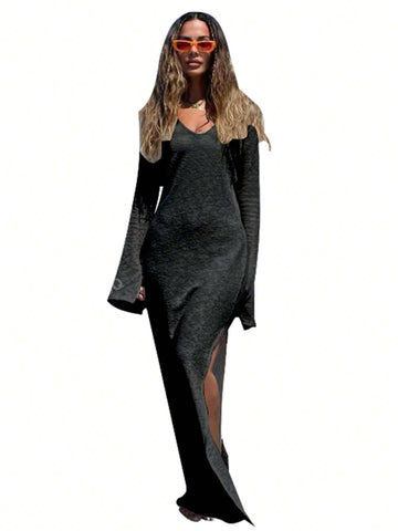 Ladies' Solid Color Side Split Dress