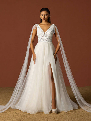 Ladies' Solid Color Simple Daily Lace Decorated Tulle Wedding Dress