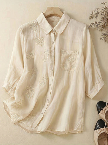Ladies' Solid Color Simple Daily Wear Embroidered Shirt Top