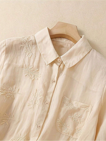 Ladies' Solid Color Simple Daily Wear Embroidered Shirt Top