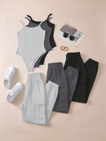 Ladies' Solid Color Sleeveless Jumpsuit And Pant Combo