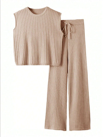 Ladies' Solid Color Sleeveless Knitted Casual Suit