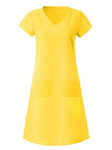 Ladies' Solid Color V-Neck Short Sleeve Shirt, Summer