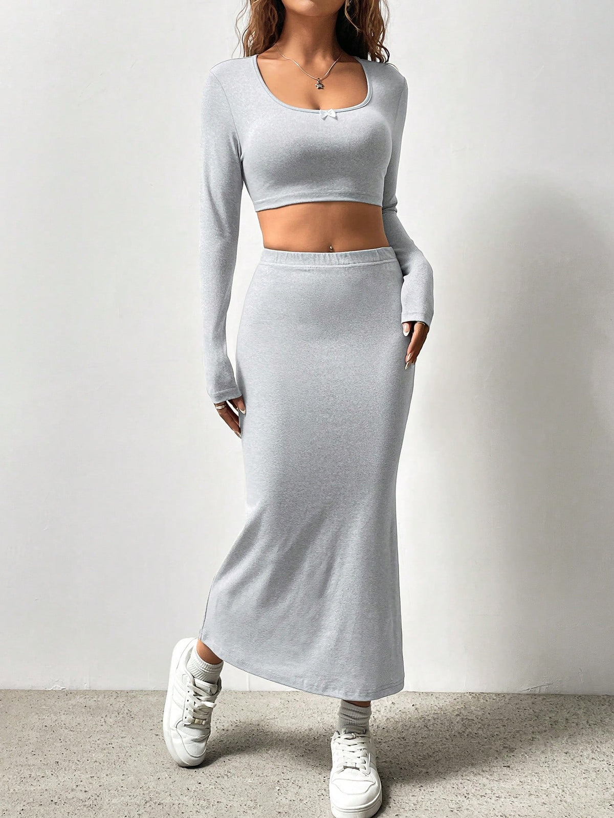 Ladies' Solid Cropped Top And Skirt Set