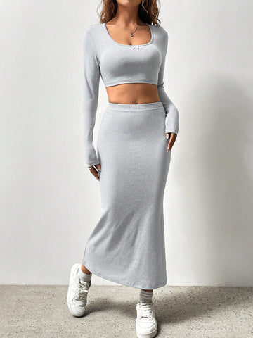 Ladies' Solid Cropped Top And Skirt Set