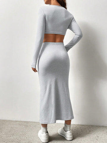 Ladies' Solid Cropped Top And Skirt Set