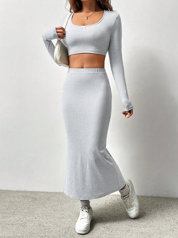 Ladies' Solid Cropped Top And Skirt Set