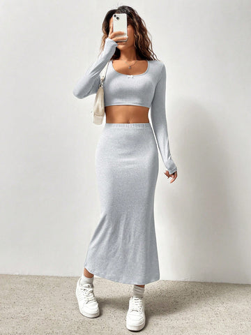 Ladies' Solid Cropped Top And Skirt Set