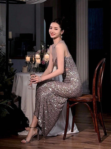 Ladies Solid Sequined Hollow Out Waist Strapless Elegant Bridesmaid Dress (Adult)