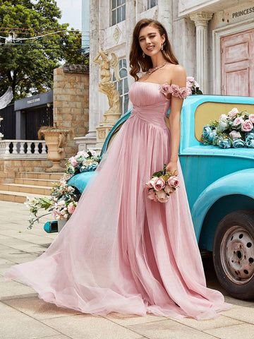 Ladies" Spring/Summer Solid Color Off Shoulder Dress With 3D Flower Detail, Pleated Waist, And Slit, Suitable For Formal Occasions