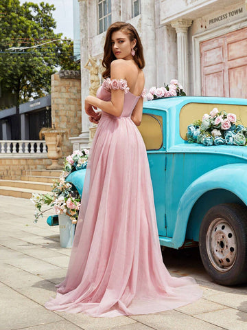 Ladies" Spring/Summer Solid Color Off Shoulder Dress With 3D Flower Detail, Pleated Waist, And Slit, Suitable For Formal Occasions