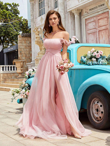 Ladies" Spring/Summer Solid Color Off Shoulder Dress With 3D Flower Detail, Pleated Waist, And Slit, Suitable For Formal Occasions