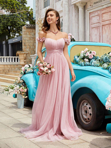 Ladies" Spring/Summer Solid Color Off Shoulder Dress With 3D Flower Detail, Pleated Waist, And Slit, Suitable For Formal Occasions