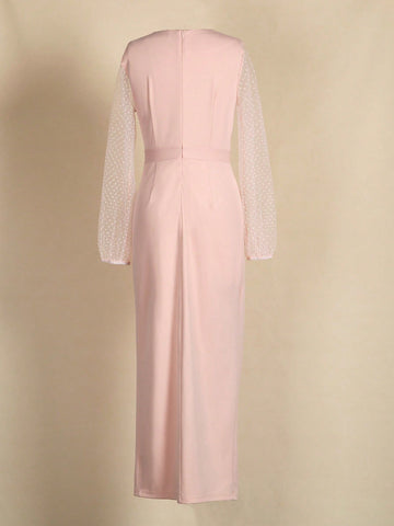Ladies' V-Neck Long Sleeve Mesh Lantern Sleeve Waist-Cinching Dress
