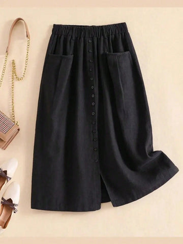 Ladies' Vacation Casual Solid Color Button-Up Skirt