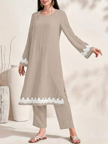 Ladies' Vacation Leisure Contrast Color Lace Patchwork Side Slit Long Shirt And Pants Two-Piece Set