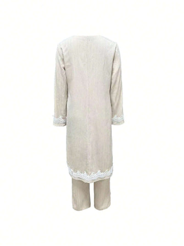 Ladies' Vacation Leisure Contrast Color Lace Patchwork Side Slit Long Shirt And Pants Two-Piece Set