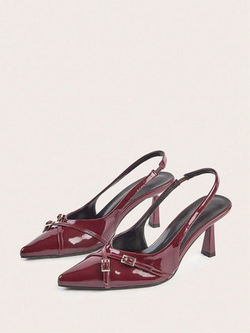 Ladies' Wine Red Patent Leather Cross Buckle Strap Thin Heel High Heels With Pointed Toe,