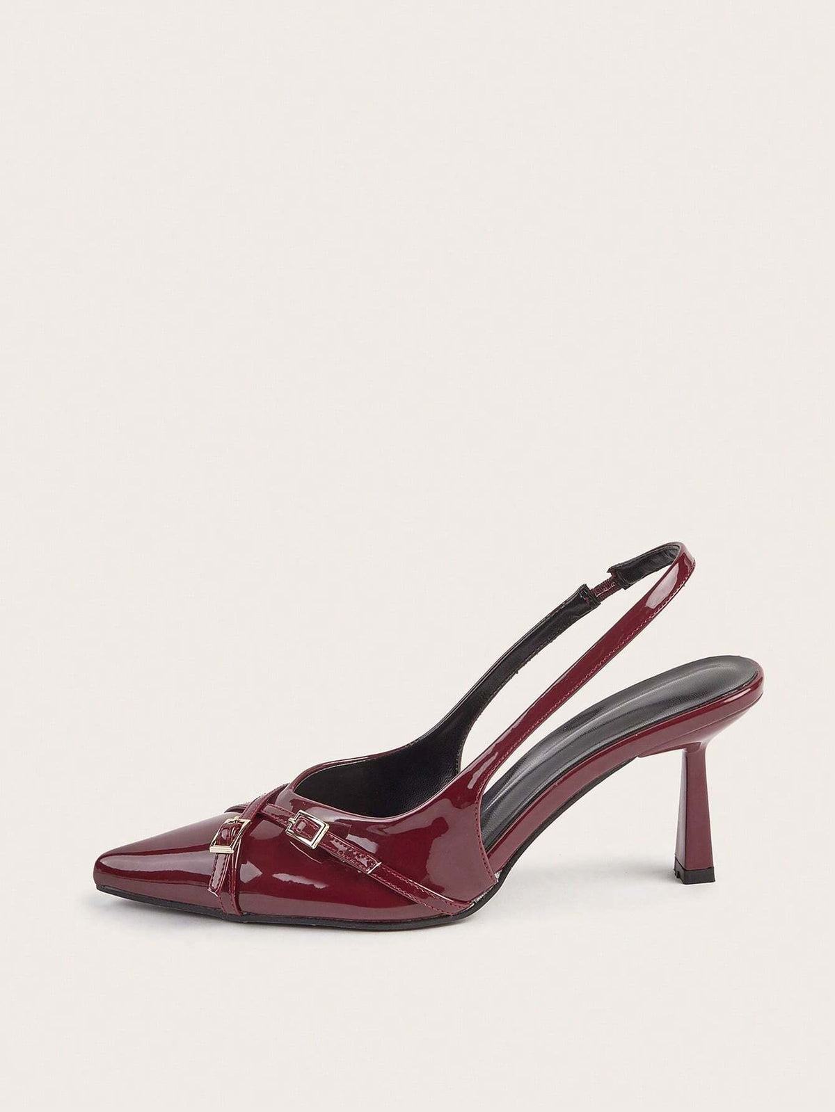 Ladies' Wine Red Patent Leather Cross Buckle Strap Thin Heel High Heels With Pointed Toe,