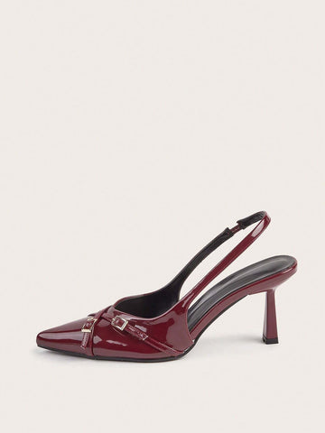 Ladies' Wine Red Patent Leather Cross Buckle Strap Thin Heel High Heels With Pointed Toe,