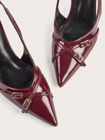 Ladies' Wine Red Patent Leather Cross Buckle Strap Thin Heel High Heels With Pointed Toe,