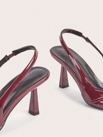 Ladies' Wine Red Patent Leather Cross Buckle Strap Thin Heel High Heels With Pointed Toe,