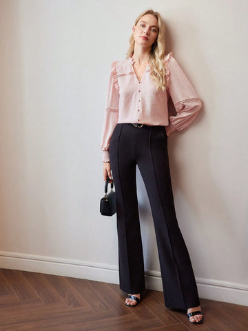 Ladies' Woven Solid Color V-Neck Frill Trim Long Sleeve Elegant Blouse, Spring & Summer