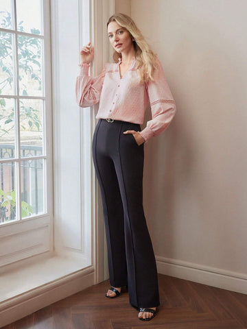 Ladies' Woven Solid Color V-Neck Frill Trim Long Sleeve Elegant Blouse, Spring & Summer