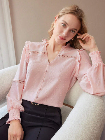 Ladies' Woven Solid Color V-Neck Frill Trim Long Sleeve Elegant Blouse, Spring & Summer