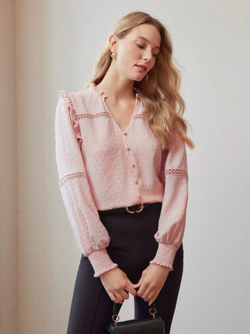 Ladies' Woven Solid Color V-Neck Frill Trim Long Sleeve Elegant Blouse, Spring & Summer