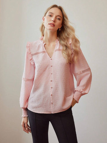 Ladies' Woven Solid Color V-Neck Frill Trim Long Sleeve Elegant Blouse, Spring & Summer