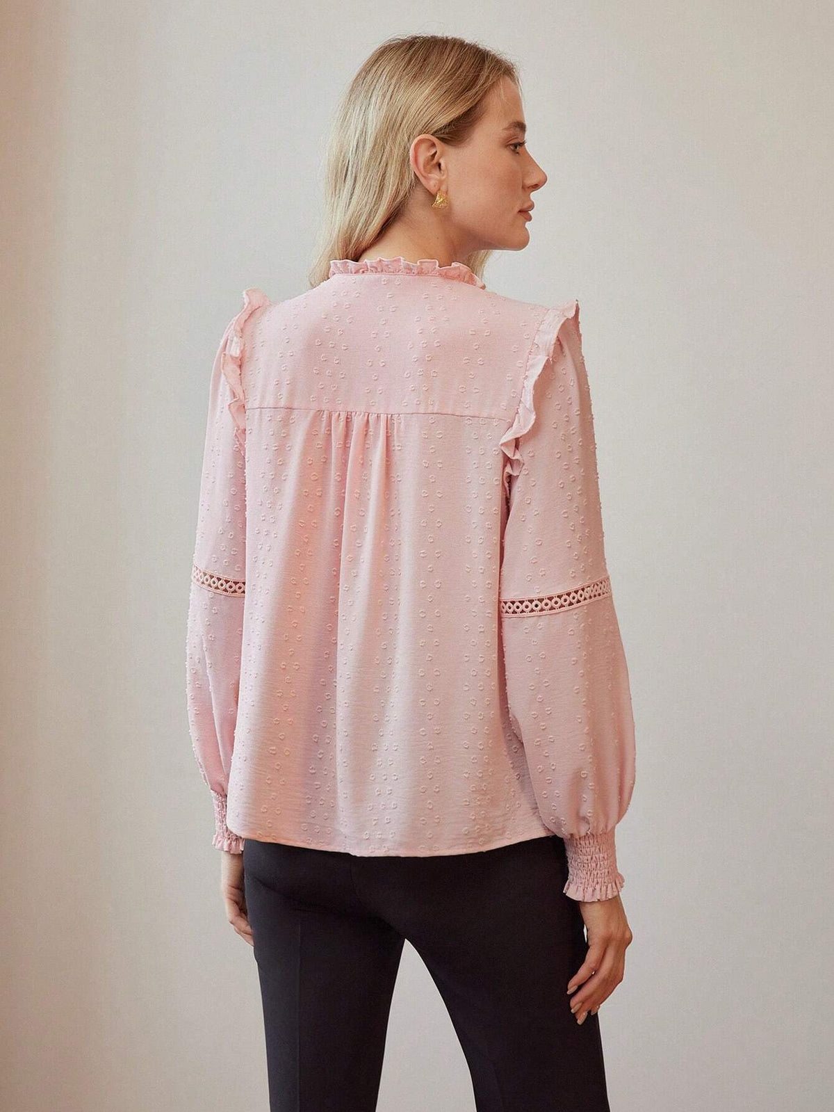 Ladies' Woven Solid Color V-Neck Frill Trim Long Sleeve Elegant Blouse, Spring & Summer