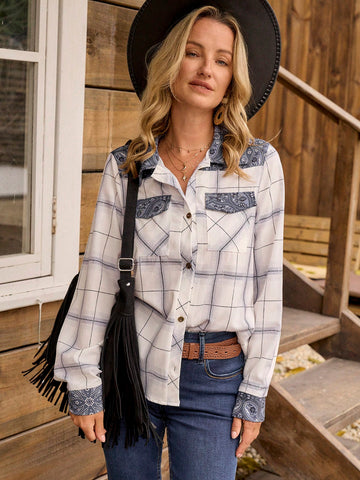 1pc Vintage Floral Mixed Check Pattern Long Sleeve Shirt