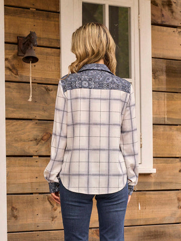 1pc Vintage Floral Mixed Check Pattern Long Sleeve Shirt