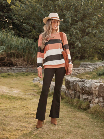 LanaWest 2pcs/Set Casual Holiday Contrast Color Striped Top And Solid Color Flare Pants