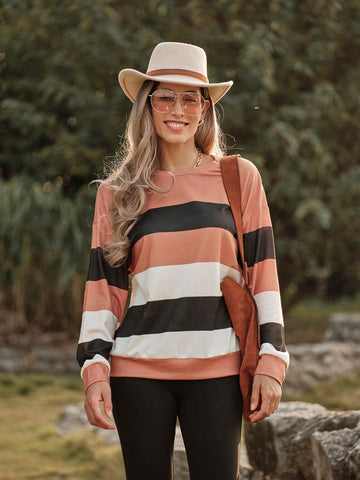 LanaWest 2pcs/Set Casual Holiday Contrast Color Striped Top And Solid Color Flare Pants