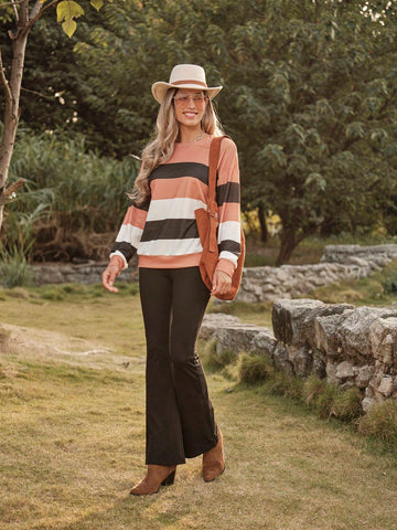 LanaWest 2pcs/Set Casual Holiday Contrast Color Striped Top And Solid Color Flare Pants