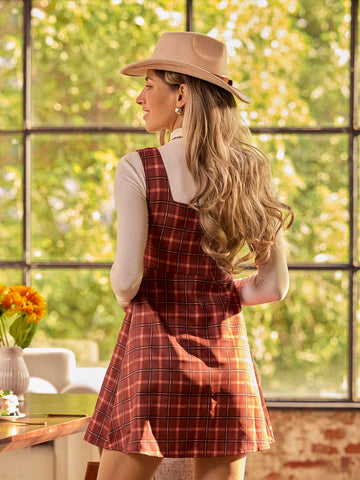 LanaWest Autumn Casual Plaid Front Button Sleeveless Dress