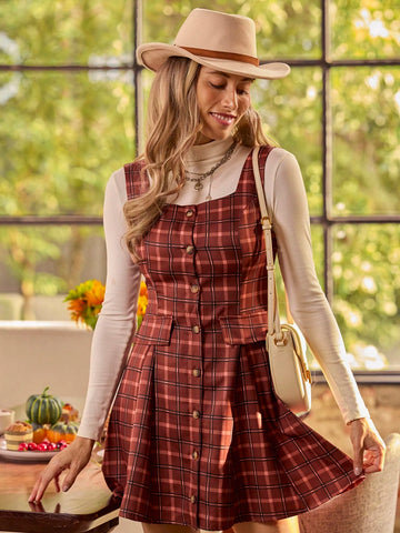 LanaWest Autumn Casual Plaid Front Button Sleeveless Dress