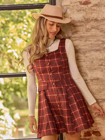 LanaWest Autumn Casual Plaid Front Button Sleeveless Dress