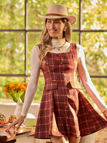 LanaWest Autumn Casual Plaid Front Button Sleeveless Dress