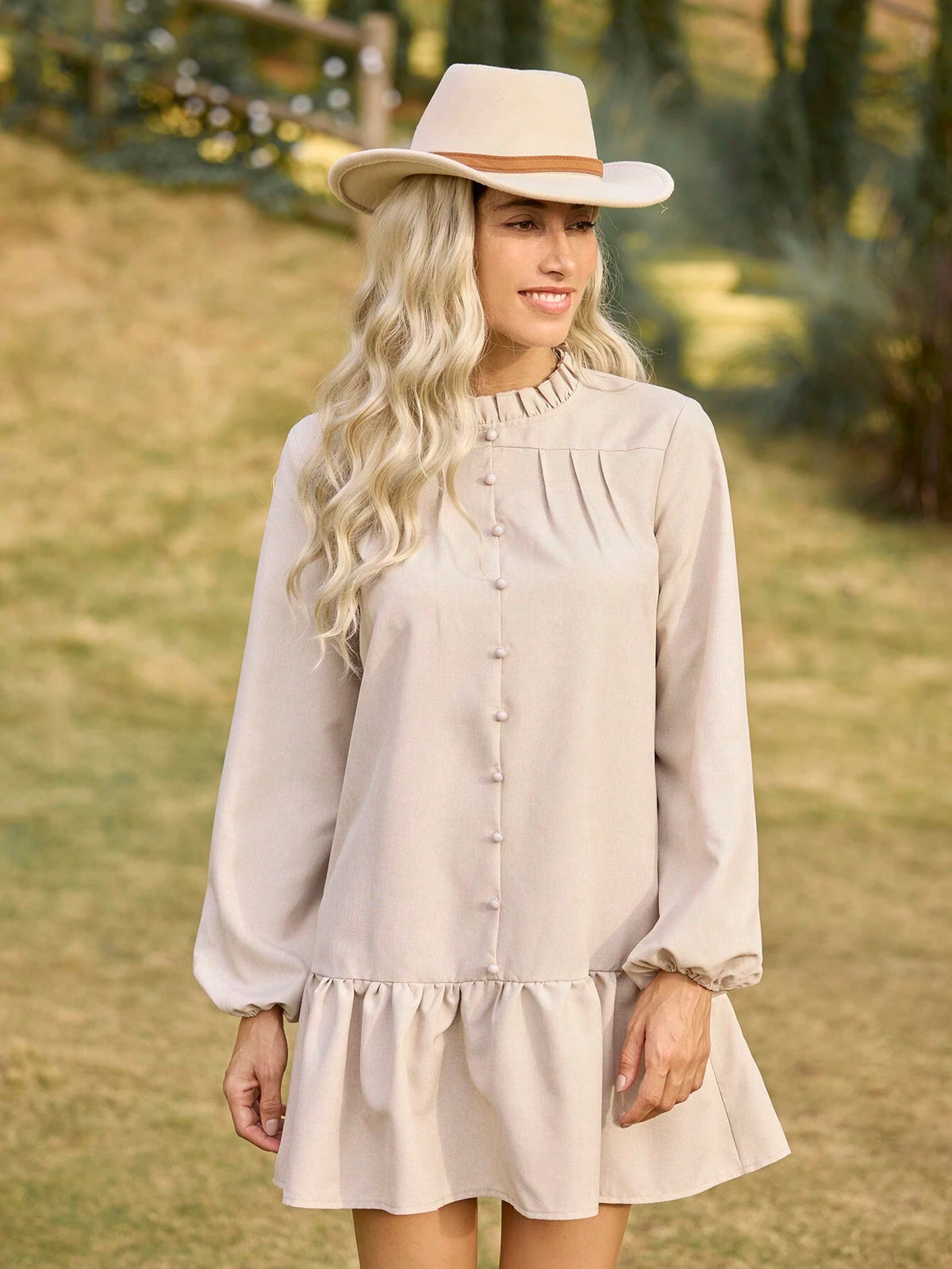 LanaWest Casual Vacation Style Ruffle Hem Long Sleeve Women Mini Dress