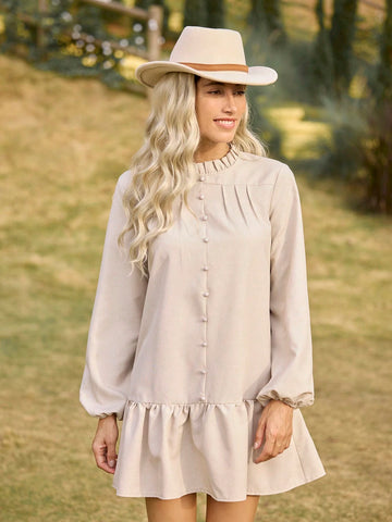 LanaWest Casual Vacation Style Ruffle Hem Long Sleeve Women Mini Dress